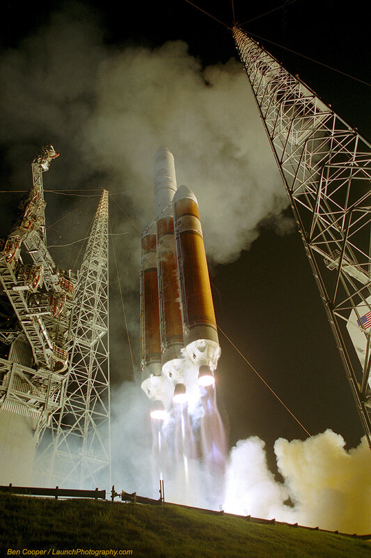 Space shuttle launch at night