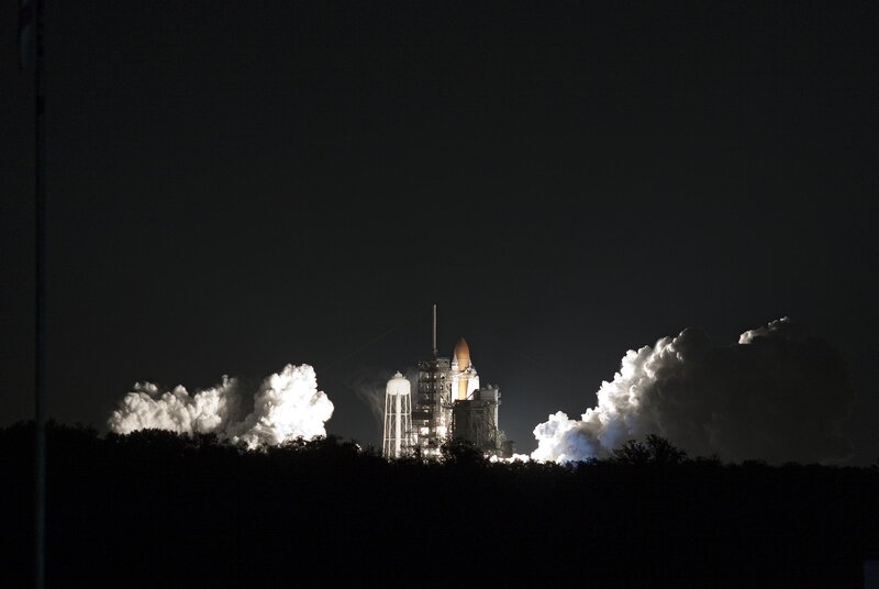 Space Shuttle Launch — Black, Dramatic, Night, Photograph, Rocket, Clouds, Launch Pad