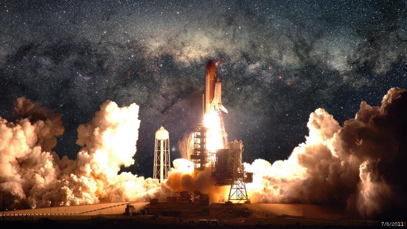 Space Shuttle Launch — Black, Dramatic, Night, Photograph, Rocket, Clouds, Stars