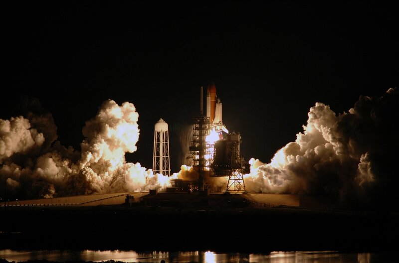 Space Shuttle Launch — Black, Dramatic, Night, Photograph, Rocket, Clouds, Tower