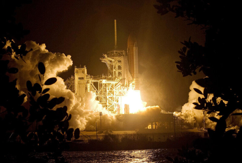 Space Shuttle Launch — Black, Dramatic, Night, Photograph, Rocket, Clouds, Trees