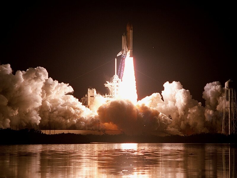 Space Shuttle Launch — Black, Dramatic, Night, Photograph, Rocket, Clouds, Water, White