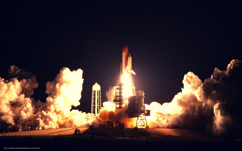 Space Shuttle Launch — Black, Dramatic, Night, Photograph, Rocket, Flame, Smoke, Launch Pad