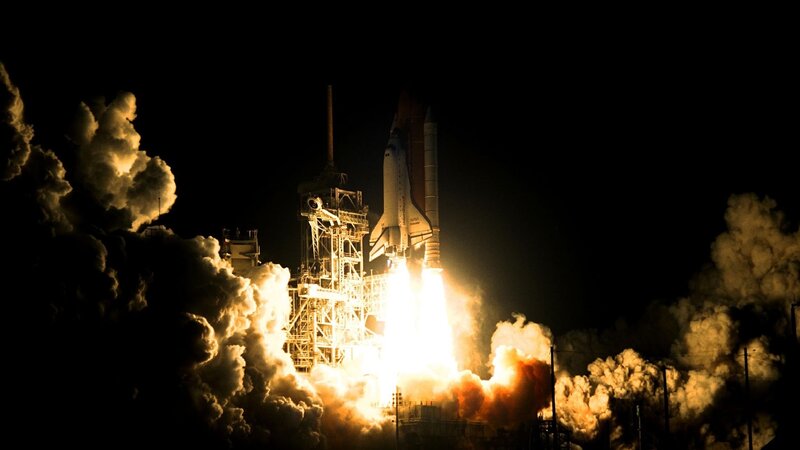 Space Shuttle Launch — Black, Dramatic, Night, Photograph, Rocket, Flame, Smoke