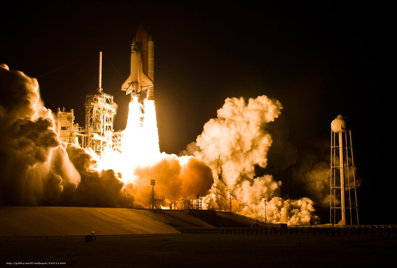 Space Shuttle Launch — Black, Dramatic, Night, Photograph, Rocket, Flame, Smoke, Tower