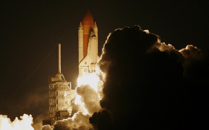 Space Shuttle Launch — Black, Dramatic, Night, Photograph, Rocket, Flames, Smoke, White