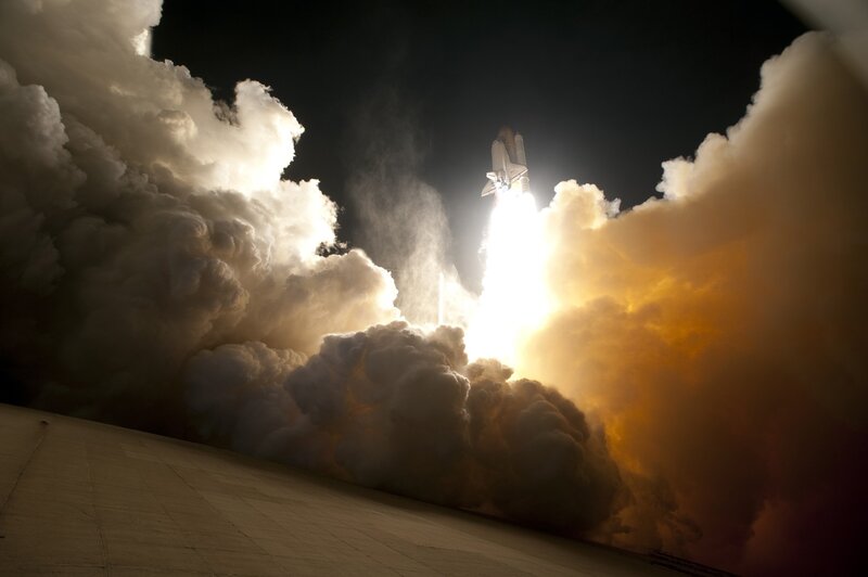 Space Shuttle Launch — Black, Dramatic, Night, Photograph, Rocket, Smoke, Clouds