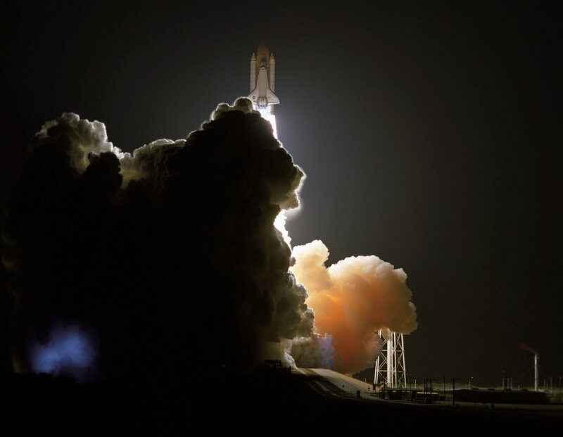 Space Shuttle Launch — Black, Dramatic, Night, Photograph, Rocket, Smoke, Launch Pad, White