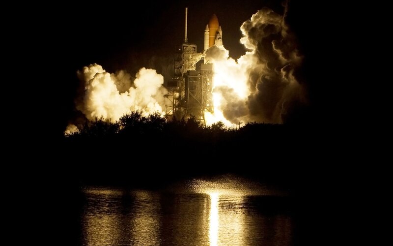 Space Shuttle Launch — Black, Dramatic, Night, Photograph, Rocket, Smoke, Water