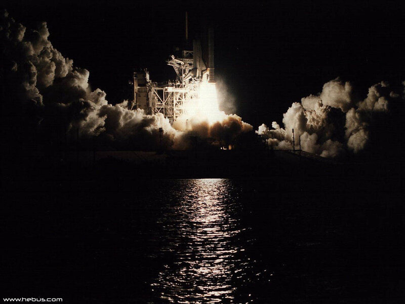 Space Shuttle Launch — Black, Dramatic, Night, Photograph, Smoke, Flames