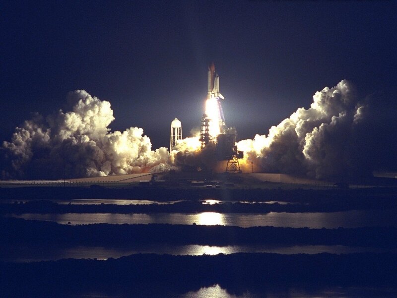 Space Shuttle Launch — Black, Dramatic, Night, Photograph, Smoke, Flames, Water