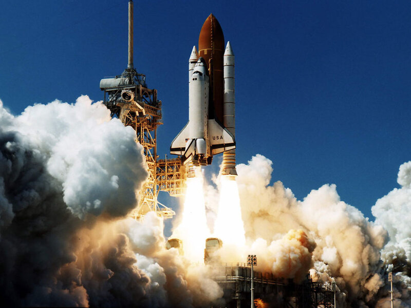 Space Shuttle Launch — Blue, Dramatic, Afternoon, Photograph, Rocket, Clouds, Launch Pad, White, Brown