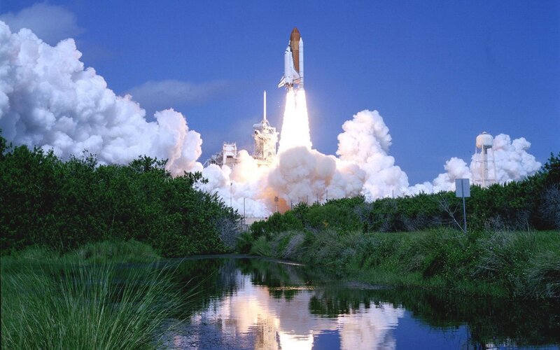 Space Shuttle Launch — Blue, Dramatic, Afternoon, Photograph, Rocket, Clouds, Water