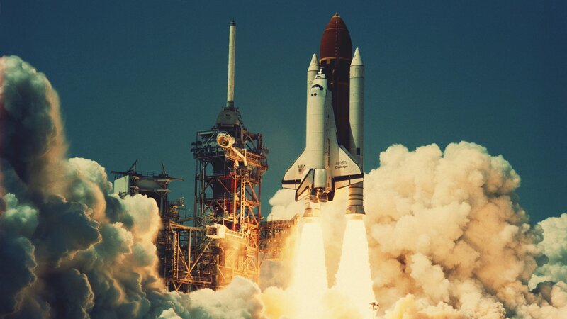 Space Shuttle Launch — Blue, Dramatic, Afternoon, Photograph, Rocket, Launch Pad, Smoke, White, Gray
