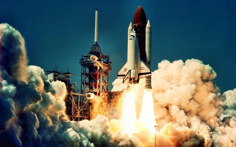 Space Shuttle Launch — Blue, Dramatic, Afternoon, Photograph, Rocket, Launch Pad