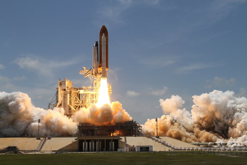 Space Shuttle Launch — Blue, Dramatic, Afternoon, Photograph, Rocket, Smoke, Launch Pad, Sky
