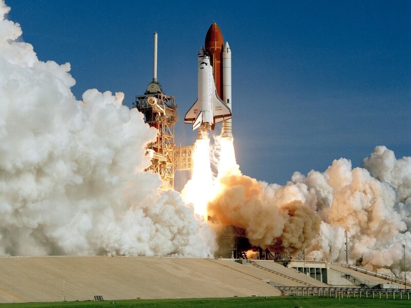 Space Shuttle Launch — Blue, Dramatic, Afternoon, Photograph, Rocket, Smoke, Launch Pad, Sky, White, Orange