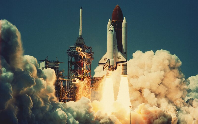 Space Shuttle Launch — Blue, Dramatic, Afternoon, Photograph, Rocket, Smoke, Launch Pad