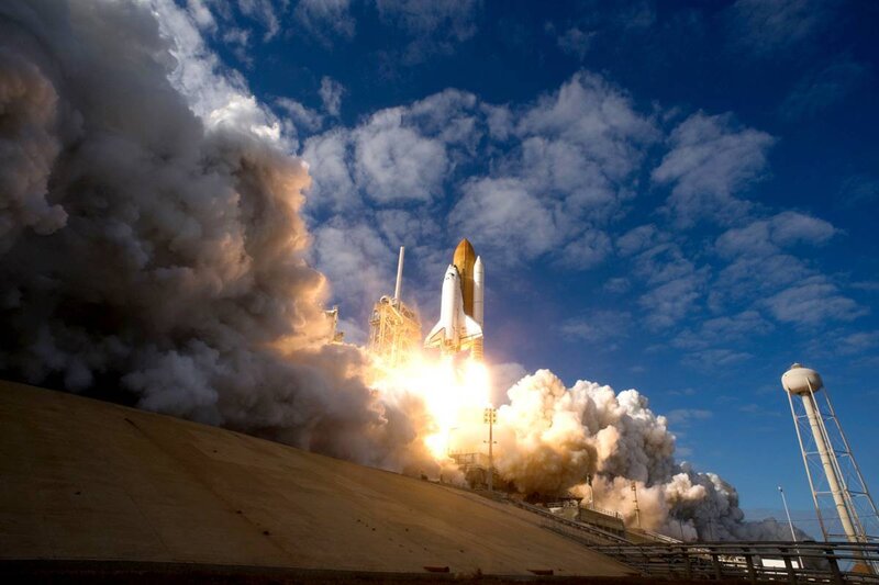 Space Shuttle Launch — Blue, Dramatic, Afternoon, Photograph, Smoke, Clouds, Water Tower