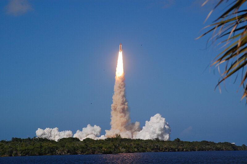 Space Shuttle Launch — Blue, Dramatic, Afternoon, Photograph, Smoke, Palm Tree