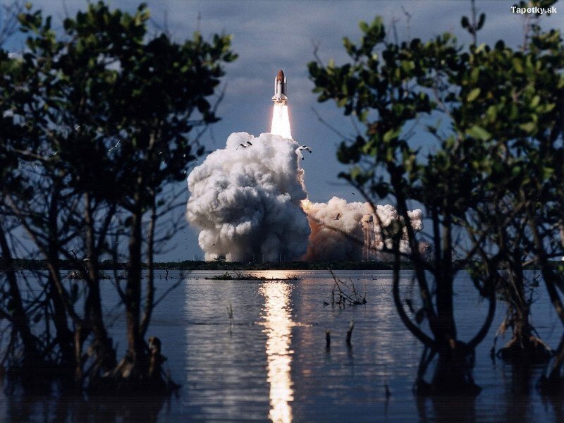 Space Shuttle Launch — Blue, Dramatic, Afternoon, Photograph, Trees, Water