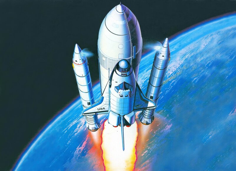 Space Shuttle Launch — Blue, Dramatic, Illustration