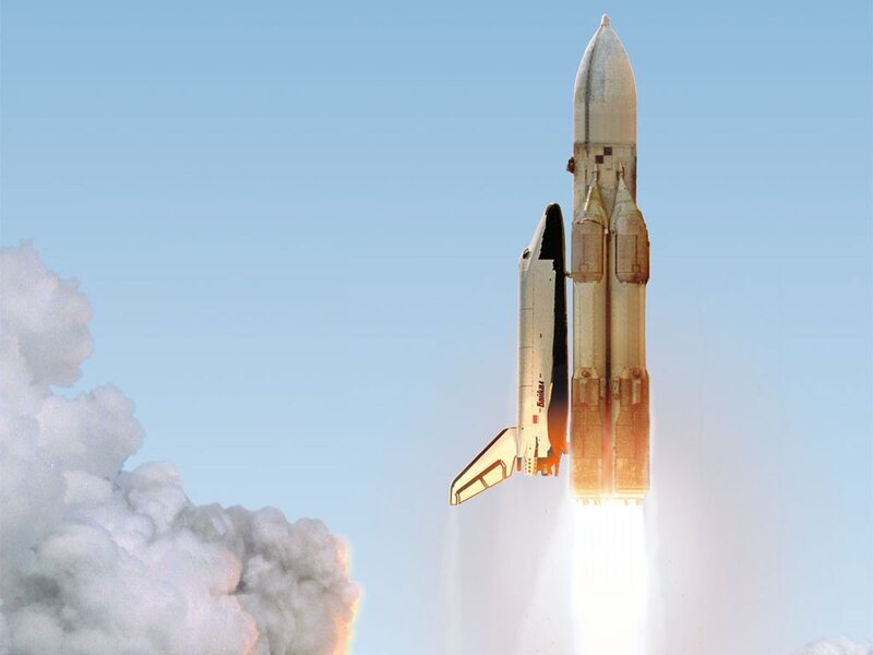 Space Shuttle Launch — Blue, Dramatic, Morning, Photograph, Rocket, Clouds, Sky