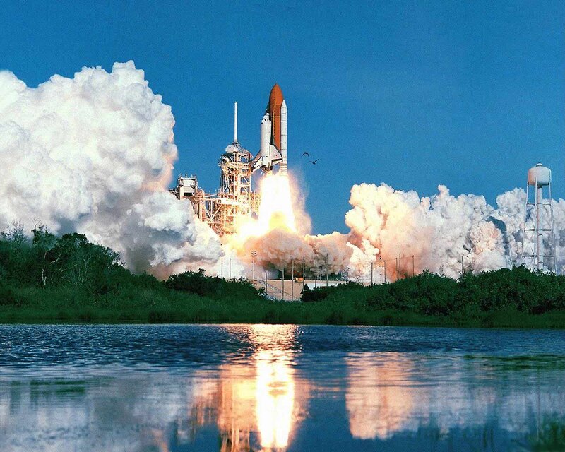 Space Shuttle Launch — Blue, Dramatic, Morning, Photograph, Rocket, Clouds