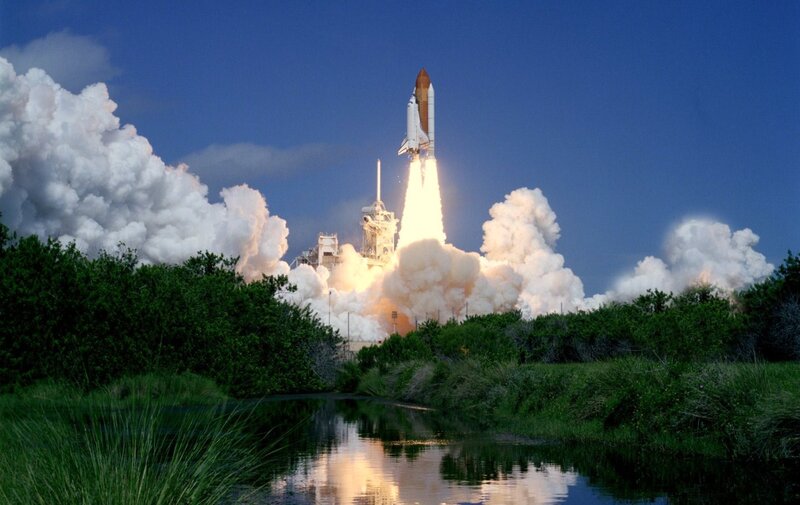 Space Shuttle Launch — Blue, Dramatic, Morning, Photograph, Rocket, Smoke, Launch Pad