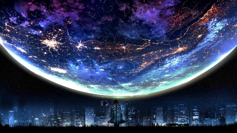 Space Shuttle Launch — Blue, Dramatic, Night, Digital Art, City Skyline