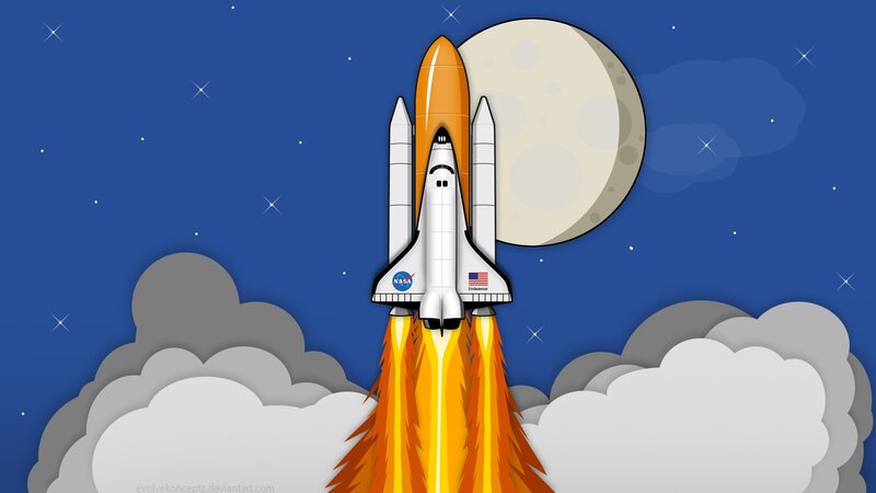 Space Shuttle Launch — Blue, Dramatic, Night, Digital Art, Moon