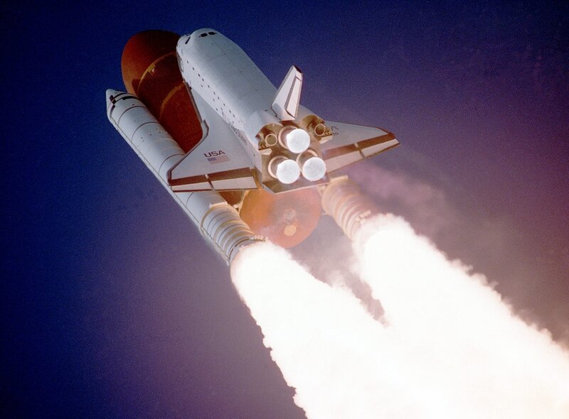 Space Shuttle Launch — Blue, Dramatic, Night, Photograph, Rocket Boosters