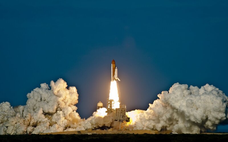 Space Shuttle Launch — Blue, Dramatic, Night, Photograph, Rocket, Flame, Smoke, White, Yellow