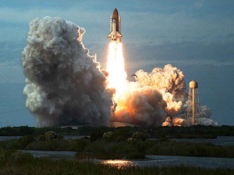 Space Shuttle Launch — Blue, Dramatic, Sunset, Photograph, Rocket, Smoke, Water Tower