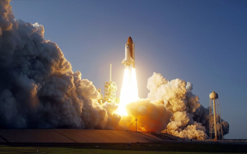 Space Shuttle Launch — Blue, Dramatic, Sunset, Photograph, Rocket