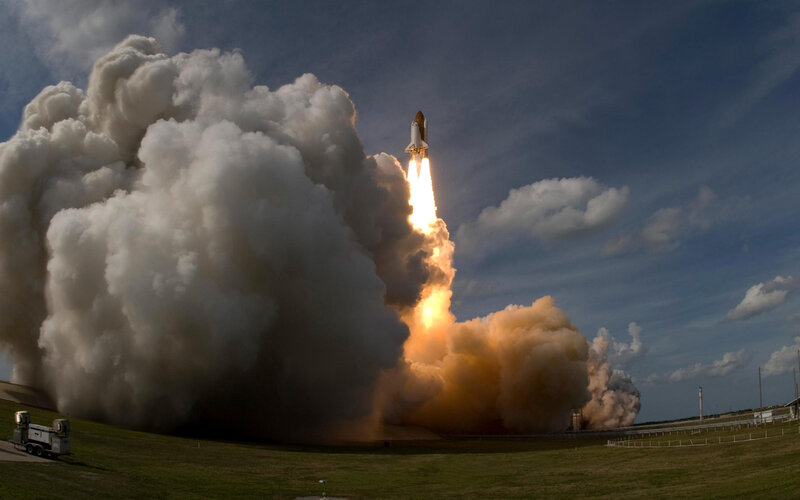 Space Shuttle Launch — Gray, Dramatic, Afternoon