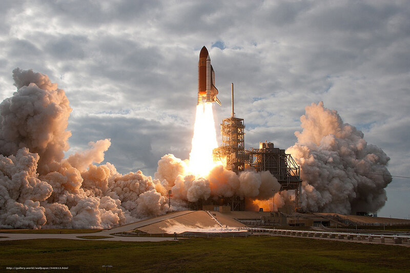 Space Shuttle Launch — Gray, Dramatic, Sunrise