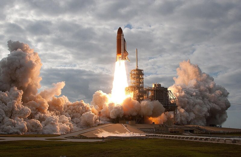 Space Shuttle Launch — Gray, Dramatic, Sunset