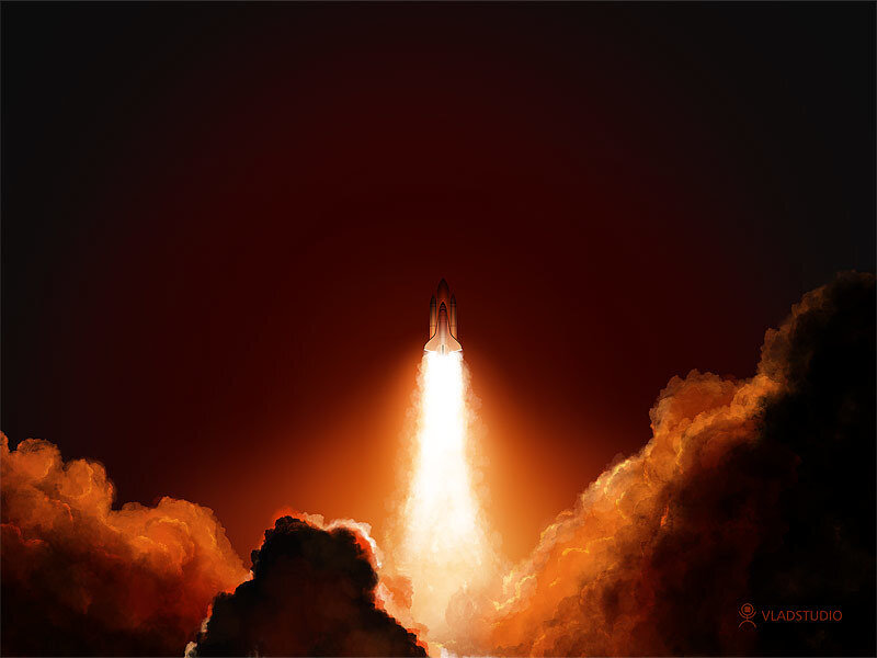 Space Shuttle Launch — Orange, Dramatic, Night, Digital Art, Rocket, Flame, Clouds