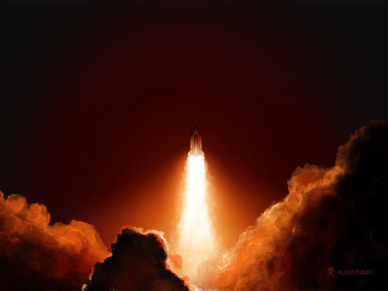 Space Shuttle Launch — Orange, Dramatic, Night, Digital Art, Rocket, Flame