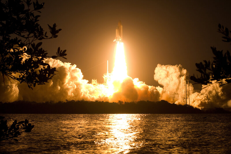 Space Shuttle Launch — Orange, Dramatic, Night, Photograph, Rocket, Clouds