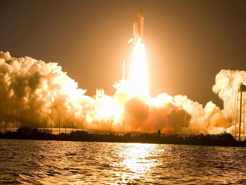 Space Shuttle Launch — Orange, Dramatic, Night, Photograph, Rocket