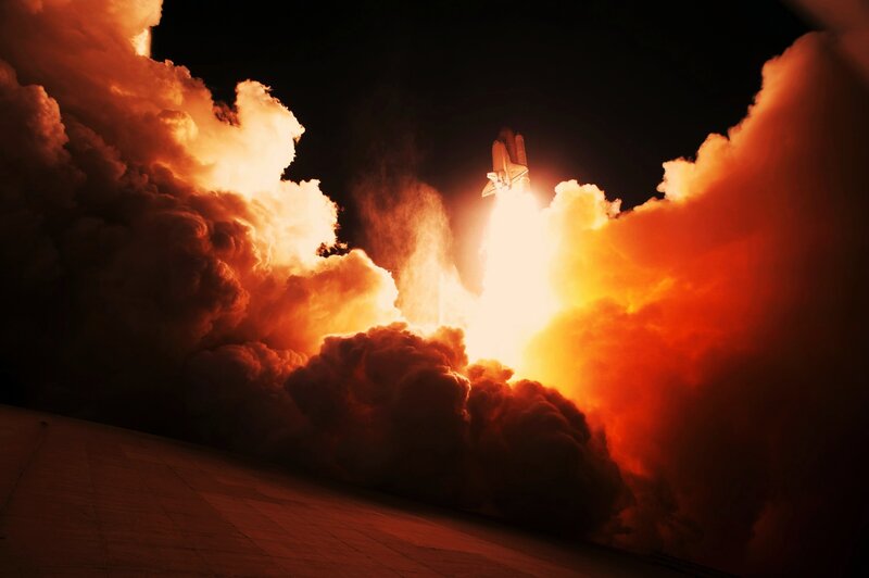 Space Shuttle Launch — Orange, Dramatic, Night