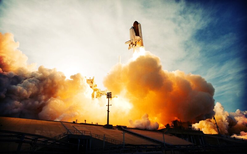 Space Shuttle Launch — Orange, Dramatic, Sunset, Photograph, Smoke