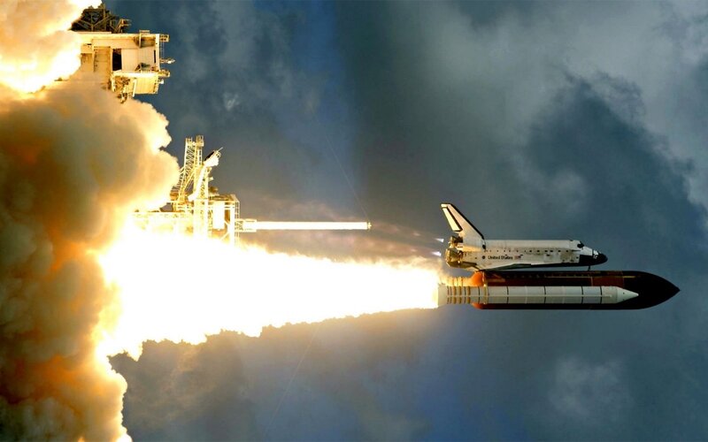 Space Shuttle Launch — White, Dramatic, Afternoon, Photograph, Rocket, Clouds, Flame
