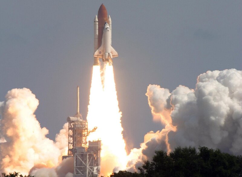 Space Shuttle Launch — White, Dramatic, Afternoon, Photograph, Rocket, Flame