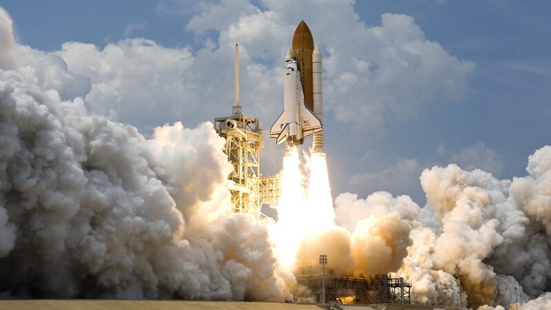 Space Shuttle Launch — White, Dramatic, Afternoon, Photograph, Rocket, Smoke, Launch Pad, Clouds