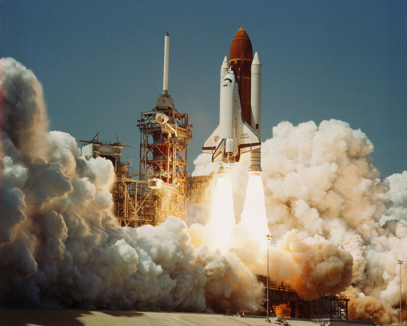 Space Shuttle Launch — White, Dramatic, Afternoon, Photograph, Rocket, Smoke, Launch Pad, Flame