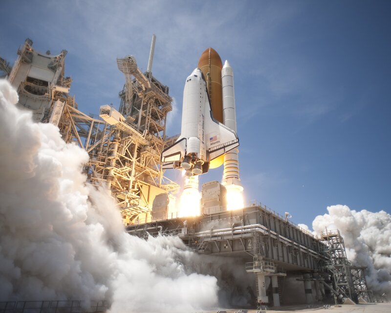 Space Shuttle Launch — White, Dramatic, Afternoon, Photograph, Rocket, Smoke, Launch Pad