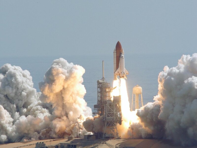 Space Shuttle Launch — White, Dramatic, Afternoon, Photograph, Rocket, Smoke, Ocean